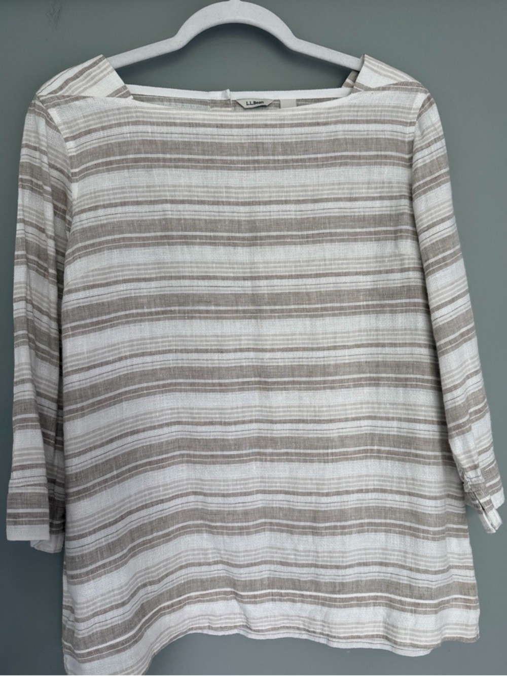 L.L. Bean 100% Linen Neutral Striped Boatneck Top Blouse Coastal Nantucket